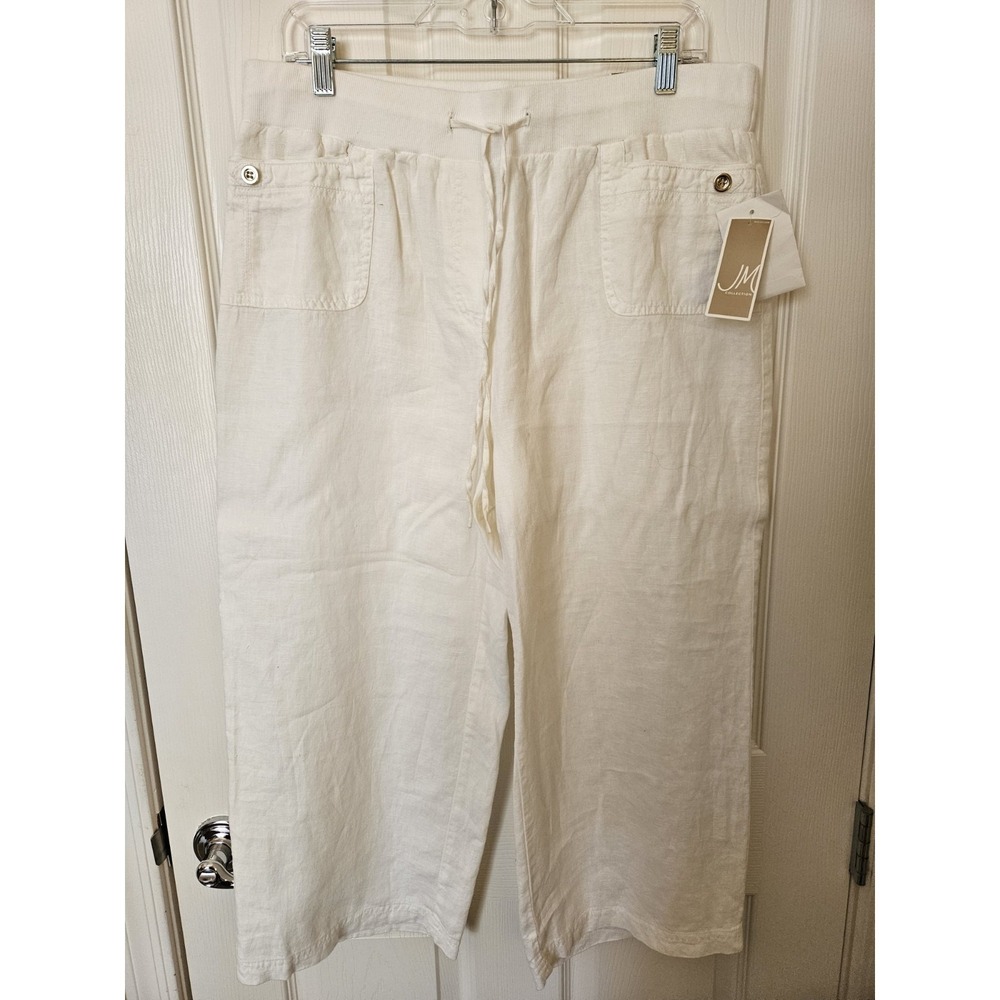 NWT JM Collection Women's 100% Linen White Lined Capri Pants Elastic Waist, 14